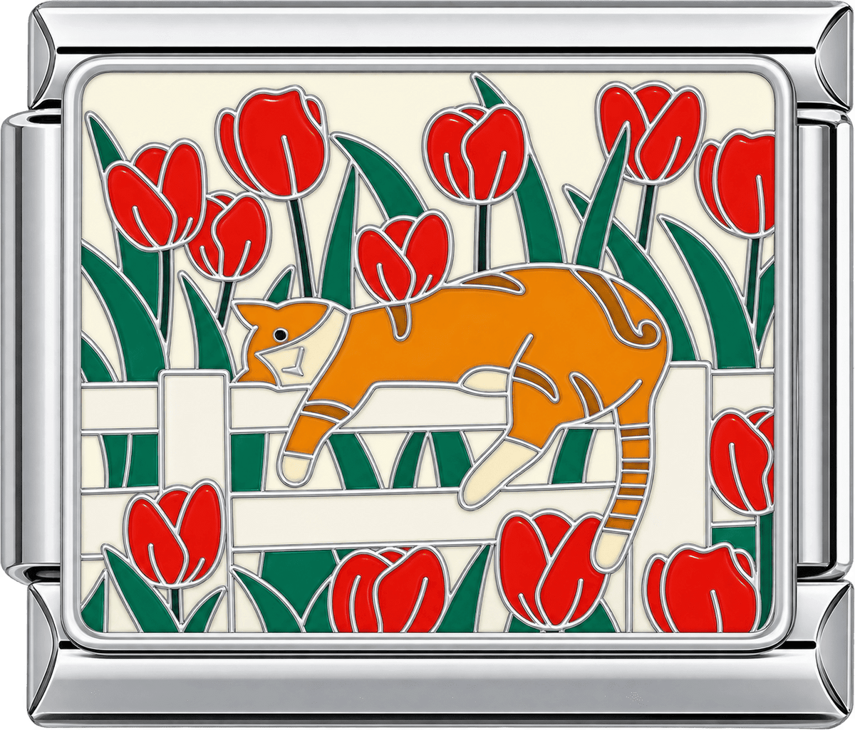 Sunbathing Cat in Tulip Garden Single Charm