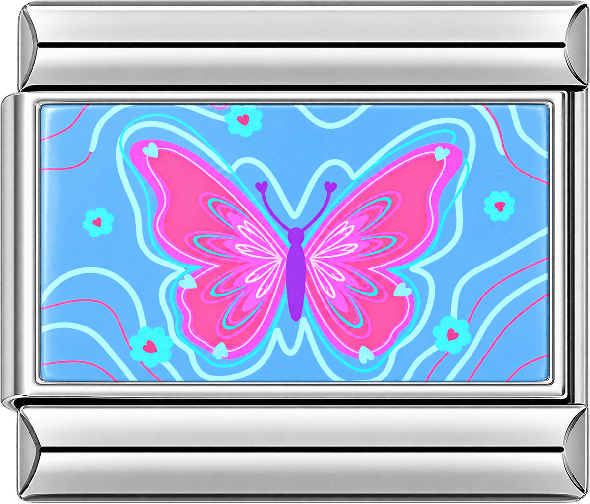 Pink Neon Butterfly on Blue Single Charm